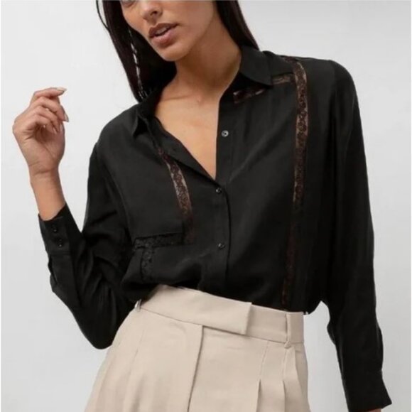 Rails Mona Button Up Long Sleeve Lace Inset Trim Black - Picture 1 of 13